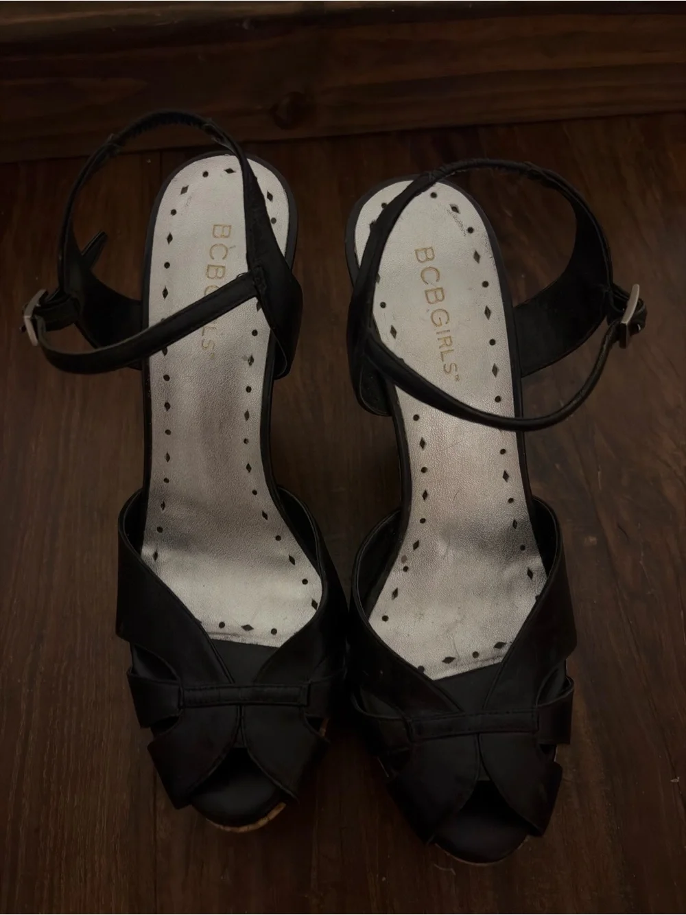 Vintage Y2K BCBGirls Black Cork Wedge Sandals with Ankle Strap